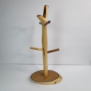 RARE Rustic‎ Tree Branch Countertop Coffee Mug Tree Holder 4 Peg Cabin Style